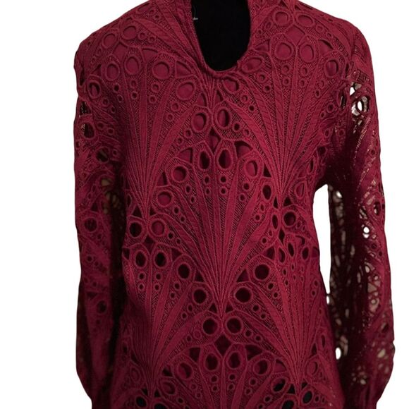 Ultra Pink Women's Red eyelet Blouse High Neck Lantern Sleeves Standard Size S - Picture 3 of 6